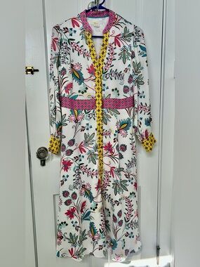 Boden Pink Floral Trim Dress with Blue Ribbon Detail